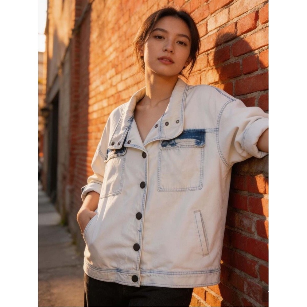 Cabi High-Low Jacket 5853 Denim Utility White Small Contrast Snap Funnel Neck